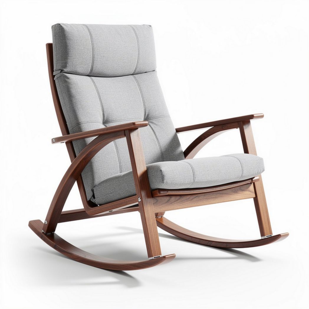 Fauteuil à bascule en bois avec coussins en tissu gris dimensions 90 x 70 x 100cm