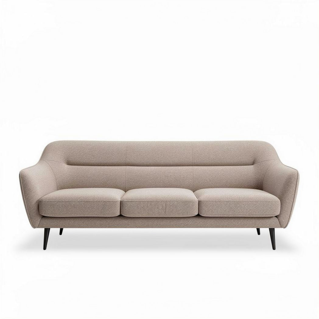 Canapé en tissu beige trois places dimensions 200 x 90 x 85cm avec pieds noirs