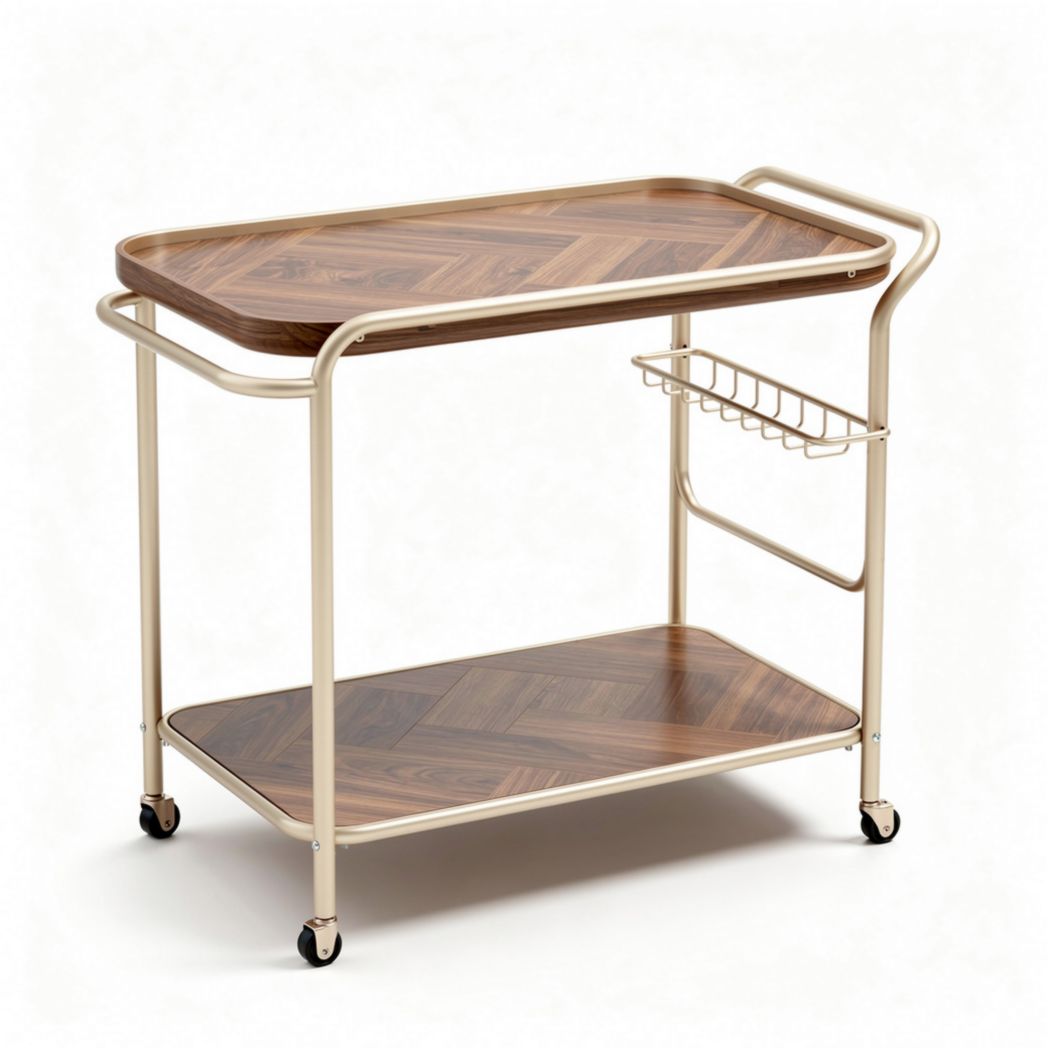 Chariot de service en bois de noyer 80 x 40 x 85cm avec roulettes et rangement