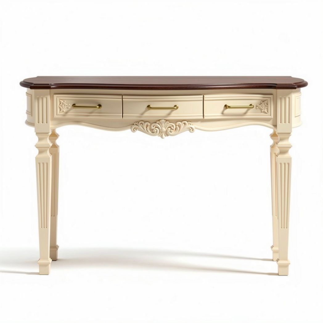 Table console en bois avec deux tiroirs en finition crème et chêne 120 x 40 x 75cm
