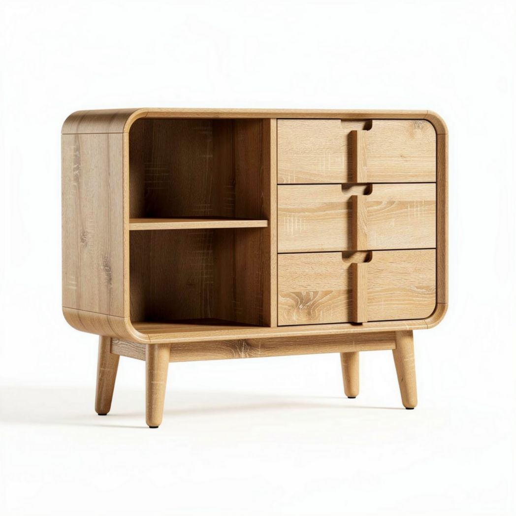 Meuble de rangement en bois naturel avec 4 tiroirs et étagère 90 x 40 x 75cm