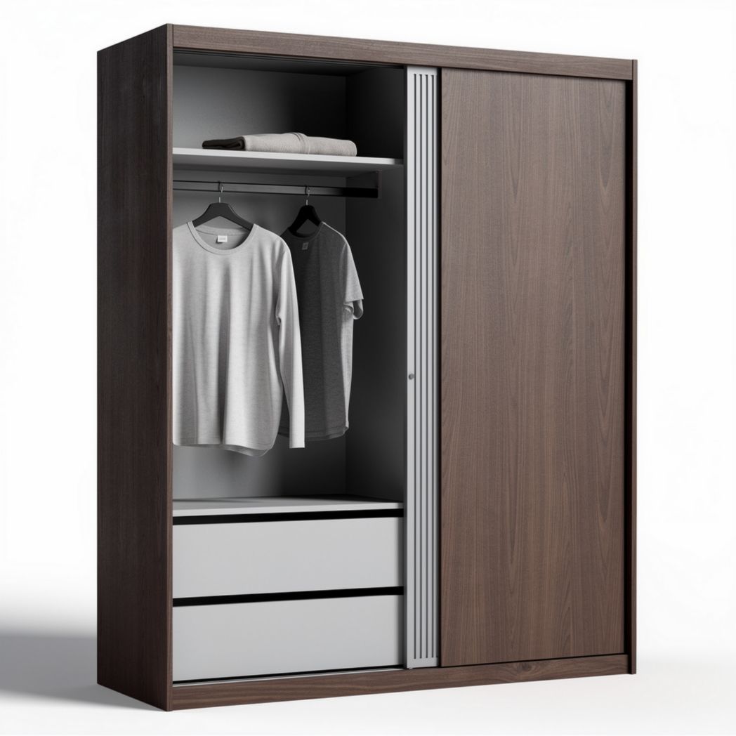 Armoire en bois marron avec portes coulissantes et tiroirs intégrés 180 x 120 x 60cm